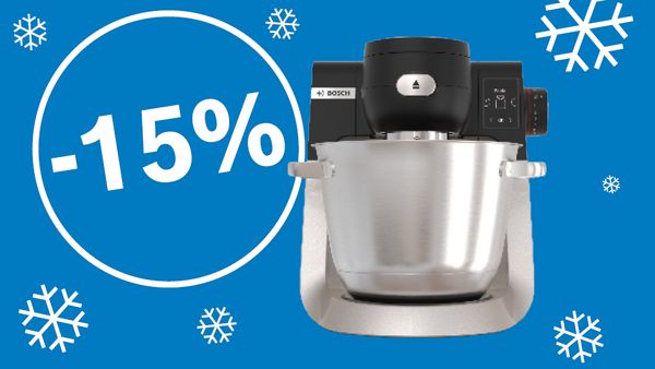 Bosch K&uuml;chenmaschine, Edelstahlsch&uuml;ssel, schwarzer Motor, Bedienelemente, silberner Sockel, Schneeflocken.