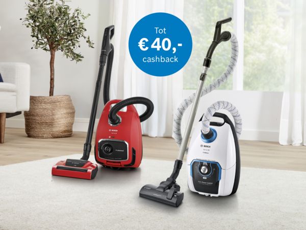 Rode en witte Bosch stofzuiger met stofzak - tot &euro;40,- cashback