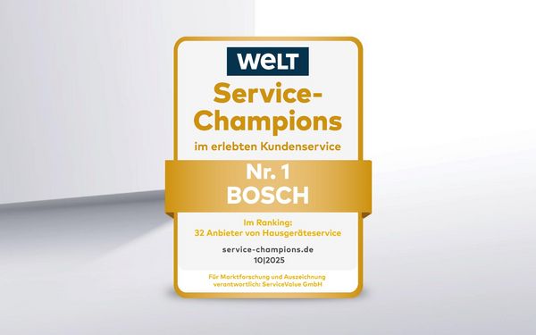 Auszeichnungsabzeichen, das Bosch als Top-Marke im Service auszeichnet, von WELT f&uuml;r exzellenten Kundenservice bis 10/2025.