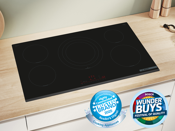 Black Bosch induction cooktop with five cooking zones 