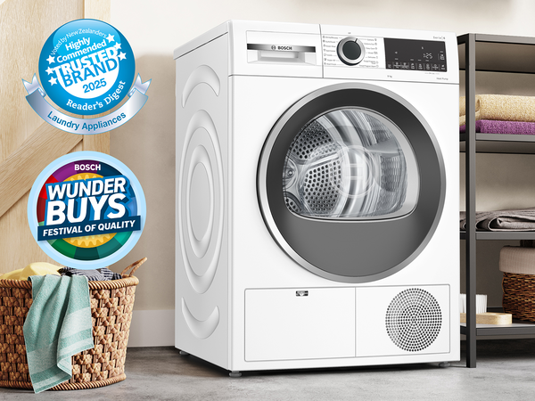 White Bosch condenser tumble dryer with large circular door 