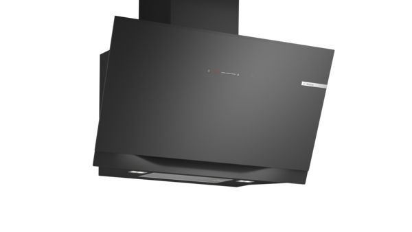 Stainless steel kitchen range hood with three lights and control panel, Bosch brand. 