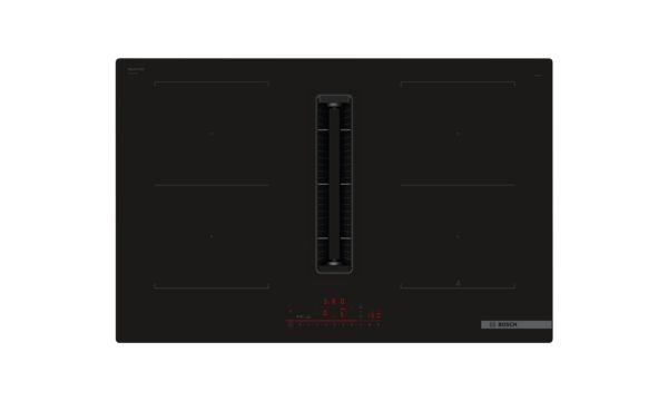 Black induction cooktop with two circular cooking zones. 
