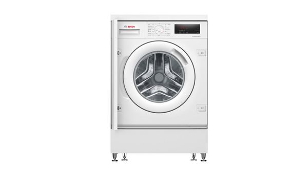 Front-loading washing machine with digital display and control panel. 