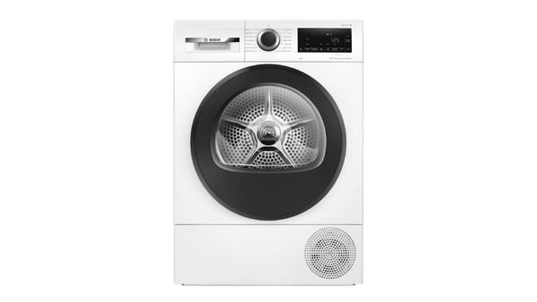 Washing machine, front-loading, white, digital display, control panel, modern appliance. 