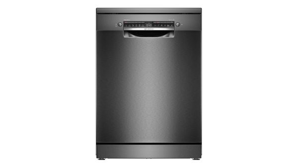 Stainless steel dishwasher with digital display and control panel. 