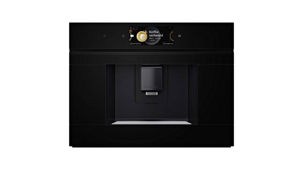 Sleek, modern coffee machine with digital display and stainless steel body. 