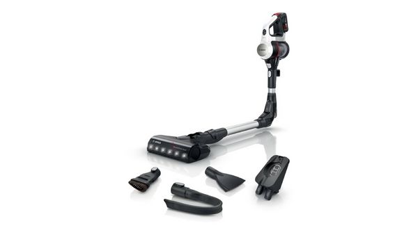 Vacuum cleaner with blue filter, black body, and silver accents. Bosch brand. 