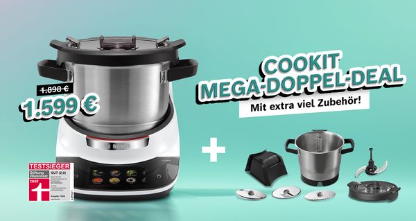 Bosch Cookit K&uuml;chenmaschine im Mega-Doppel-Deal &ndash; Preis 1.599 &euro;, 299 &euro; Ersparnis inklusive zus&auml;tzlichem Topf und Zubeh&ouml;r, Testsieger Stiftung Warentest.