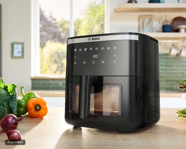 Friggitrice ad aria Bosch pulita e pronta all'uso su piano cucina dopo la corretta manutenzione