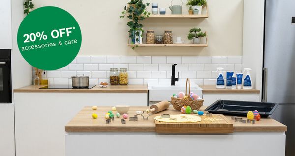 Easter decorations in kitchen along with appliance accessories and cleaning products