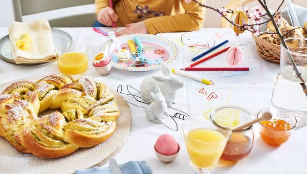 Easter food and activities on a decorated table