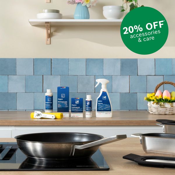 Kitchen with care products and hob acessories with promo 20% off roundel.