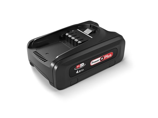 Ein Bosch Power Plus-Akkupack mit einer Kapazit&auml;t von 4,0 Ah, einem eleganten schwarzen Design und einer roten Akzenttaste.