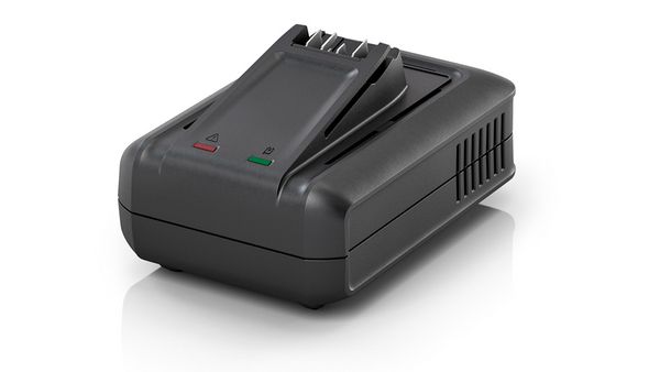 Schwarzes Bosch Ladeger&auml;t, Spiralkabel, schr&auml;ge Dockingstation und LED-Status auf wei&szlig;em Hintergrund.