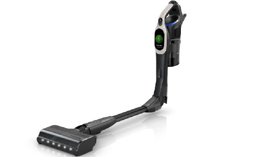 Aspirateur‑balai sans fil muni de DEL sur la t&ecirc;te et d'un affichage num&eacute;rique sur la poign&eacute;e, pr&eacute;sent&eacute; sur fond transparent.