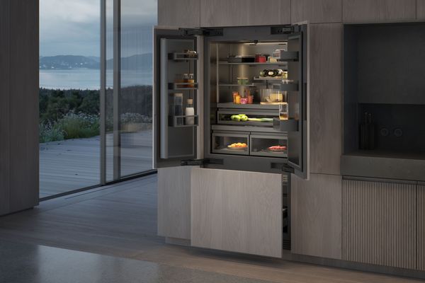 A Gaggenau Vario cooling expressive series refrigerator and wine climate cabinet in a luxury kitchen