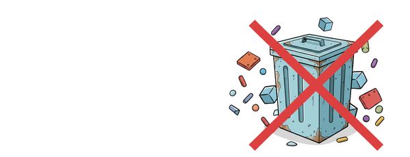 Ilustracja metalowego kosza na śmieci przekreślonego czerwonym k&oacute;łkiem, co wskazuje na zakaz.