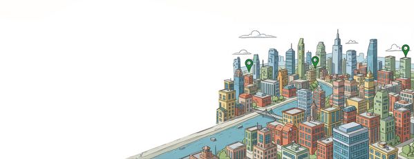 Ilustracja pejzażu miejskiego z drapaczami chmur i znacznikami lokalizacji na białym tle.