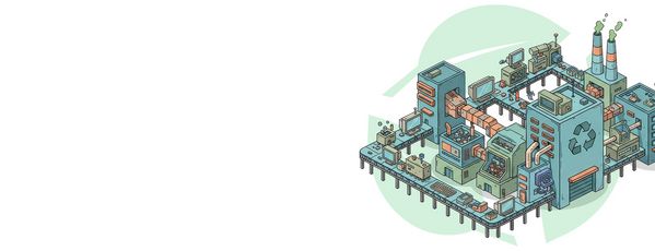 Ilustracja miasta z dużym zielonym symbolem recyklingu nałożonym na budynki.