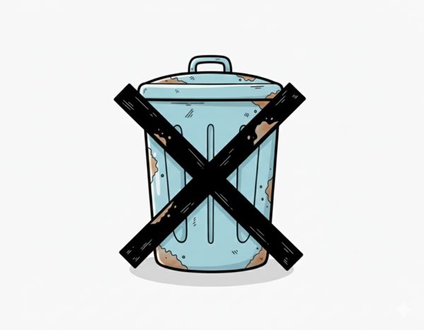 Ilustracja przekreślonego kosza na śmieci, wskazująca na zakaz zaśmiecania i wyrzucania odpad&oacute;w.