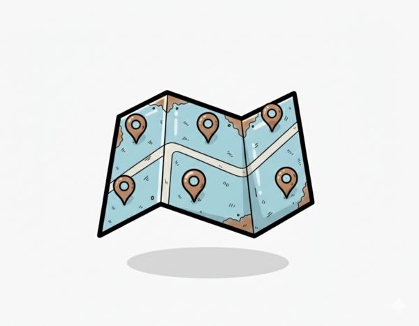 Ilustrowany pejzaż miejski z drapaczami chmur i pinezkami lokalizacji mapy unoszącymi się nad budynkami.