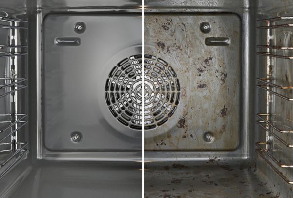 תנור פירוליטי של בוש בתמונה חצויה של פנים התנור כאשר צד ימין לפני ניקוי פירוליטי וצד שמאל לאחר ניקוי