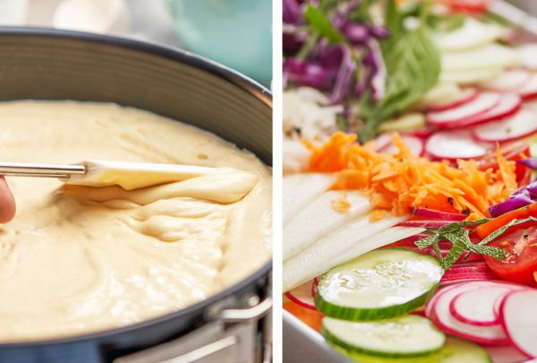 תמונה מפוצלת כשבצד שמאל בלילה בתוך מעבד מזון ובצד ימין פירות וירקות חתוכים