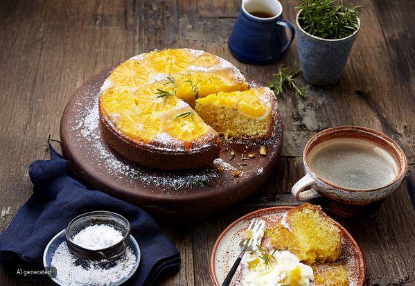 Torta agli agrumi con una fetta servita su un piatto, accompagnata da tazza e ingredienti da cucina su un tavolo