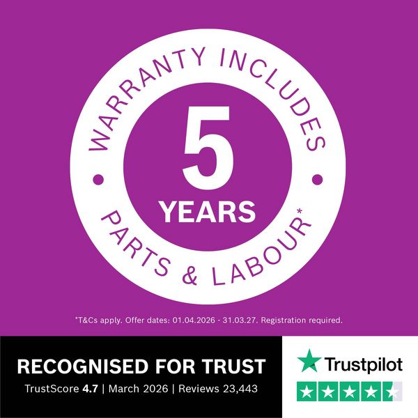 Washing machine with door open with 5 year warranty logo and details