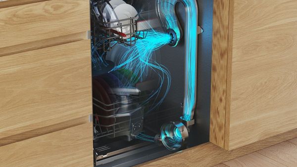 Animatie van luchtstroom in inbouw vaatwasser die het droogproces visualiseert met blauwe luchtstromen.         