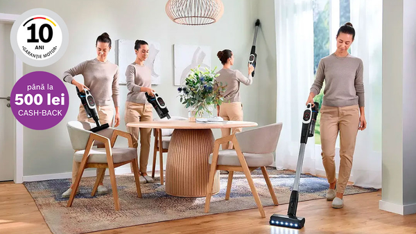 Aceeasi femeie utiliz&icirc;nd diverse modele de aspiratoare Unlimited, peste imagine pictograme cu 10 ani garanție motor si p&acirc;nă la 500 lei cash-back