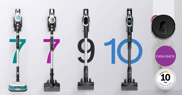 Aspiratoare Unlmited Seria 7,Seria 7 Aqua, Seria 9, Seria 10 si aspirator robot Spotless alaturi de 2 pictograme cu 10 ani garantie motor, respectiv Cash-back