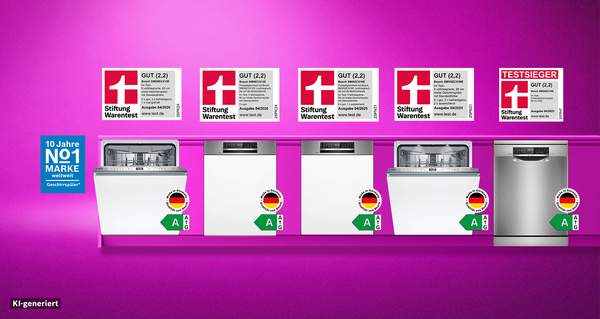 F&uuml;nf Bosch Geschirrsp&uuml;ler in einer Reihe vor einem pinken Hintergrund mit Test Logos.