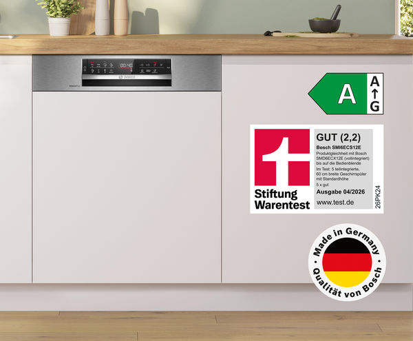 Der Serie 6 teilintegrierte Geschirrsp&uuml;ler SMI6ECS12E von Bosch gl&auml;nzt mit Gesamtnote GUT (2,2).