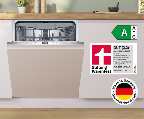 Der vollintegrierte Serie 6 Geschirrsp&uuml;ler SMD6ECX12E gl&auml;nzt mit Gesamtnote GUT (2,2).