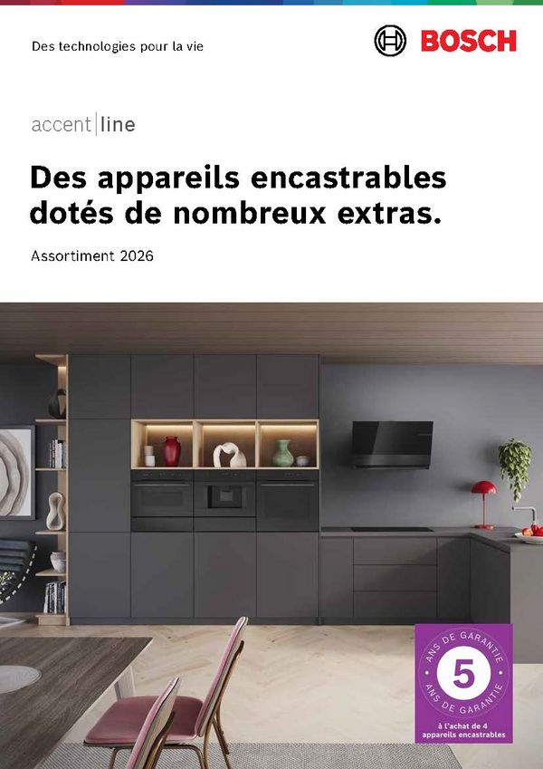 Image promotionnelle Bosch 'accent|line' pr&eacute;sentant une cuisine moderne avec des appareils encastr&eacute;s et un badge 'Garantie 5 Ans'. 