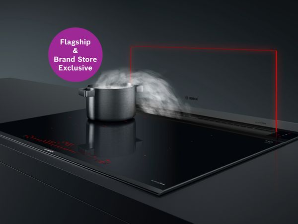 Sleek hood and hob featuring the Bosch accent|line DDW88MM66 hood with an icon highlighting its flagship and Bosch brand store exclusivity.