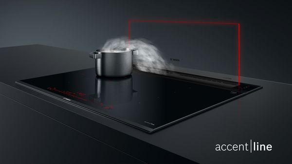 Modern kitchen featuring Bosch accent|line DDW88MM66 downdraft hood and  PXY895DV1E induction hob. 