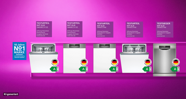 Bosch Geschirrsp&uuml;ler vor einem pinken Hintergrund mit Testlogos.