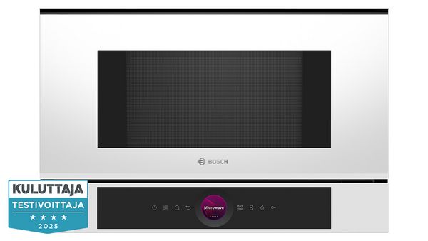  B&auml;st i test‑logotyp fr&aring;n Kuluttaja bredvid bild p&aring; testvinnande mikrov&aring;gsugn