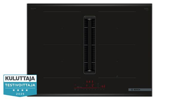 nduktionsh&auml;ll med integrerad fl&auml;kt PVQ795H26E fr&aring;n Bosch, med Kuluttaja Testivoittaja 2025‑logotyp.