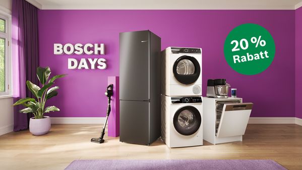 Sch&ouml;ner Raum in Magenta mit Hausger&auml;ten von Bosch und dem Hinweis auf die aktuelle Bosch Days Aktion mit 20 % Rabatt im Bosch Online Shop