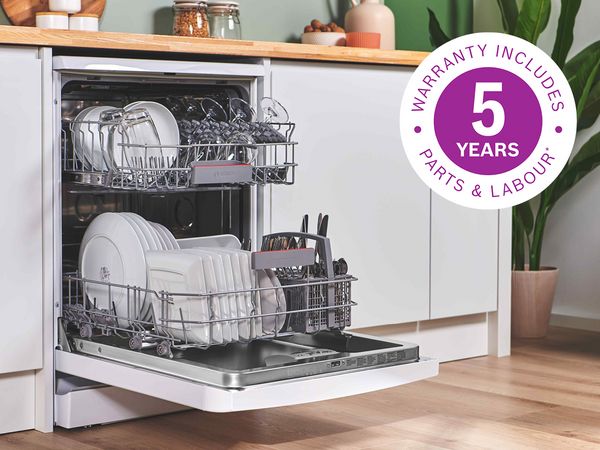 Full dishwasher with door down and a five year warranty includes parts and labour overlay