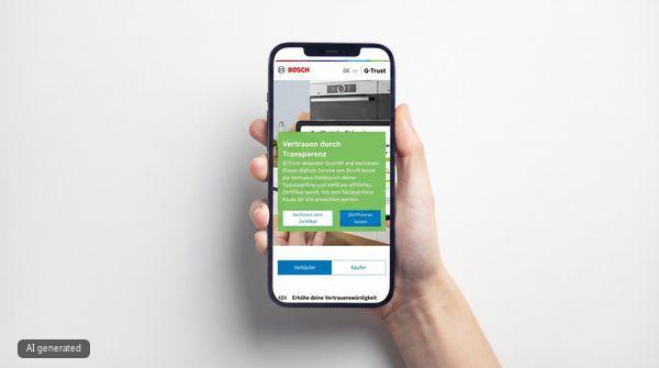 Hand h&auml;lt Handy mit Bosch Q-Trust-Seite: Transparenz und Zertifizierung f&uuml;r Haushaltsger&auml;te.