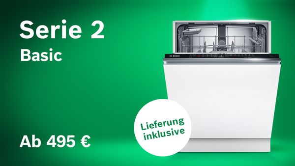 Sp&uuml;lmaschine auf gr&uuml;nem Hintergrund mit Hinweis auf Aktion und Produkt Highlights