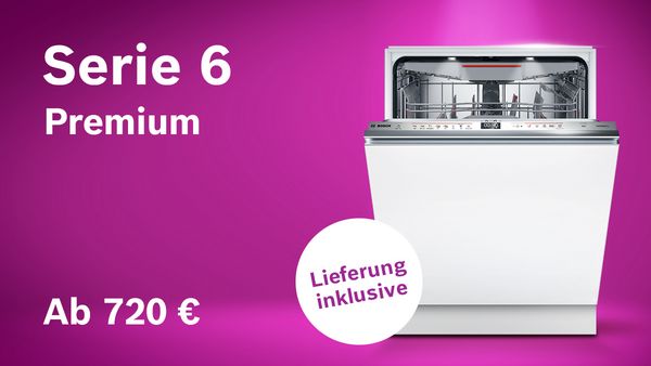 Sp&uuml;lmaschine auf magenta Hintergrund mit Hinweis auf Aktion und Produkt Highlights