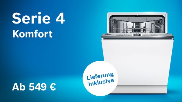 Sp&uuml;lmaschine auf blauem Hintergrund mit Hinweis auf Aktion und Produkt Highlights