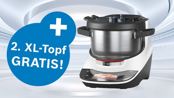 K&uuml;chenmaschine mit Kochfunktion auch genannt Cookit und in blauem Kreis mit Text '2. XL-Topf GRATIS!'