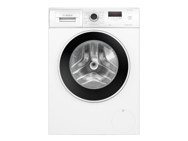 Vooraanzicht van een moderne witte wasmachine met een grote ronde glazen deur en een digitaal bedieningspaneel aan de bovenkant.